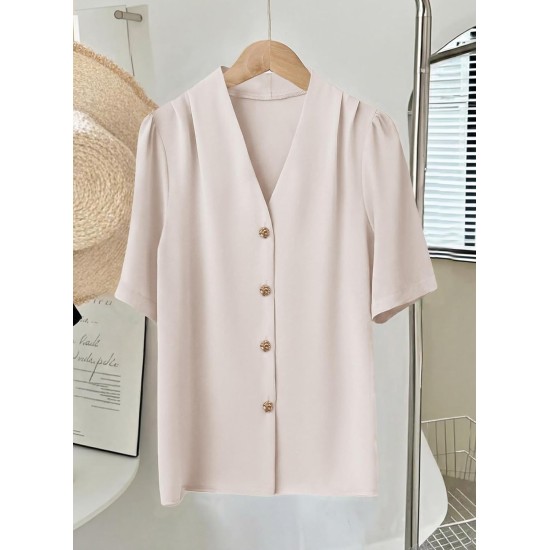 EVALESS Blouses for Women Dressy Casual Summer Short Sleeve Button Down Shirts Business Work Tops