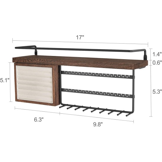 Mkono Hanging Jewelry Organizer Wall Mounted Jewelry Organizer Necklace Holder with Rustic Wood Shelf, Ring Display Box, Ear Studs Earring Holder Bracelet Organizer