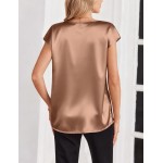 Zeagoo Women Silk Satin Tops Cap Short Sleeve Blouse V Neck Shirts Business Casual Outfits S-2XL