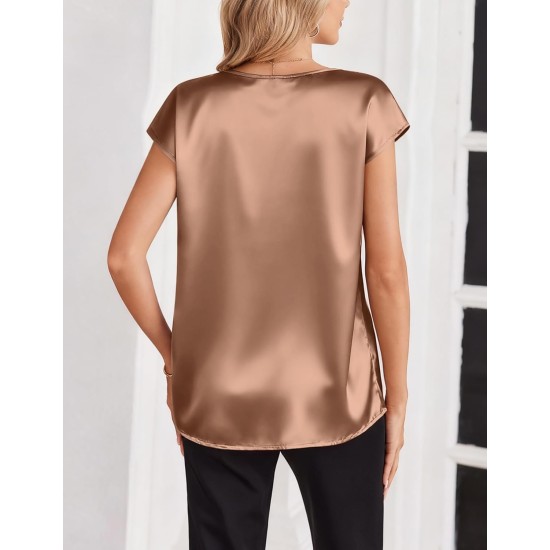 Zeagoo Women Silk Satin Tops Cap Short Sleeve Blouse V Neck Shirts Business Casual Outfits S-2XL