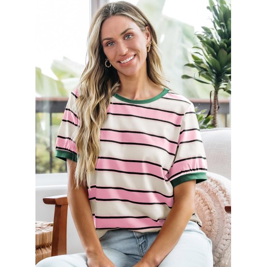 Dokotoo Womens Summer Tops 2026 Striped Color Block Short Sleeve Fashion T-Shirts Crewneck Casual Loose Basic Tee Blouses