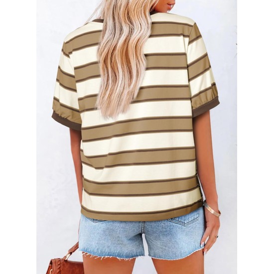 Dokotoo Womens Summer Tops 2026 Striped Color Block Short Sleeve Fashion T-Shirts Crewneck Casual Loose Basic Tee Blouses