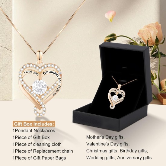 Birthstone Heart Necklaces for Women, Infinity Pendent S925 Sterling Silver Jewelry for Women, Wedding Anniversary, Birthday Mother’s Day Gifts for Mom, Mother, Wife, Girlfriend