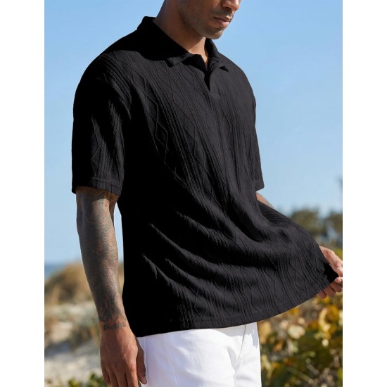 JMIERR Mens Polo Shirt Textured Knit Button Casual Short Sleeve Summer Vacation Beach Stretchy Golf Shirts