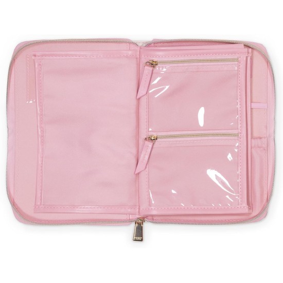 kate spade new york Travel Jewelry Folio, 8.5" x 6" Organizer with 8 Zippered Pockets, Necklace Tabs & Tracker Pocket, Leatherette Case with “For Safe Keeping” Quote (Goddess Stripe)