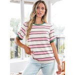 Dokotoo Womens Summer Tops 2026 Striped Color Block Short Sleeve Fashion T-Shirts Crewneck Casual Loose Basic Tee Blouses