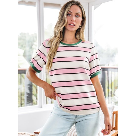 Dokotoo Womens Summer Tops 2026 Striped Color Block Short Sleeve Fashion T-Shirts Crewneck Casual Loose Basic Tee Blouses