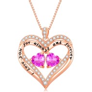 Heart Pendant Necklace I Love You for Always and Forever 12 Months Birthstone Necklace 18k Rose Gold Plated Double Heart Necklace Christams Valentine's Day, Mother's Day, Birthday