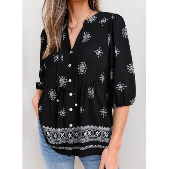 Dokotoo Womens Summer Tops Boho Floral Short Sleeve Button Down V Neck Peplum Babydoll Casual Loose Blouses Shirts