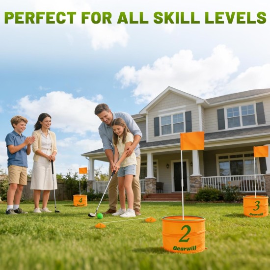 Bearwill Golf Bucket Game for Family, Adults and Kids Portable 6 Hole Golf Course with Balls and Flag, Outdoor Indoor Golf Yard Game for Park, Beach, Lawn, Camping