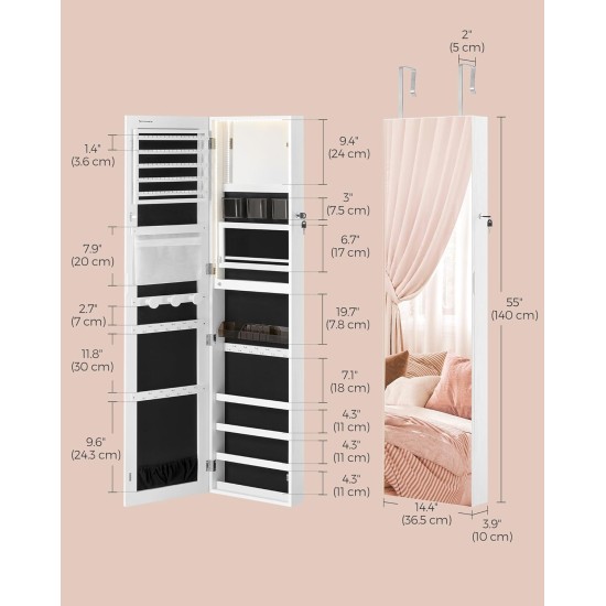 SONGMICS 55 Inches Tall Spacious Jewelry Cabinet, Jewelry Armoire with Light-Up Interior Mirror, Wall or Door Mounted Jewelry Storage Organizer, Lockable, Gift Idea, Cloud White UJJC032W01
