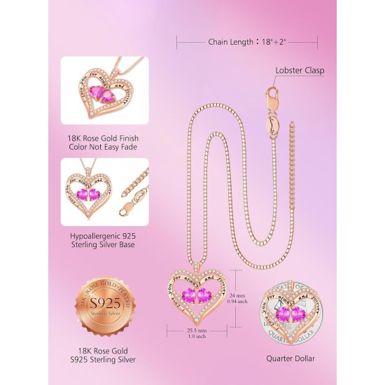 Heart Pendant Necklace I Love You for Always and Forever 12 Months Birthstone Necklace 18k Rose Gold Plated Double Heart Necklace Christams Valentine's Day, Mother's Day, Birthday