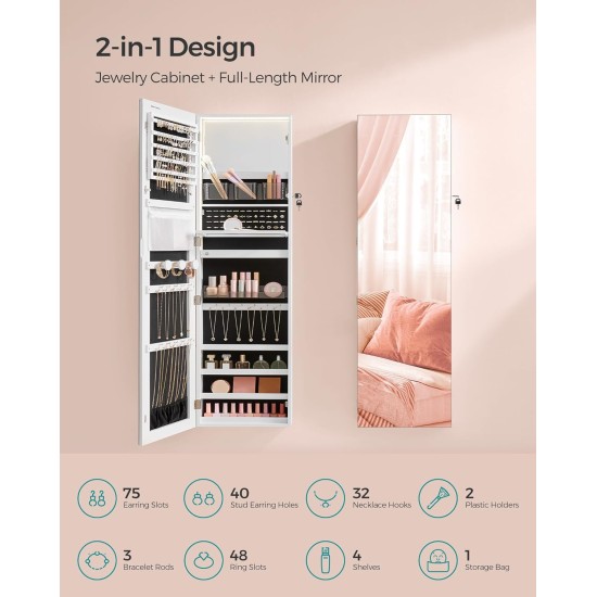 SONGMICS 55 Inches Tall Spacious Jewelry Cabinet, Jewelry Armoire with Light-Up Interior Mirror, Wall or Door Mounted Jewelry Storage Organizer, Lockable, Gift Idea, Cloud White UJJC032W01
