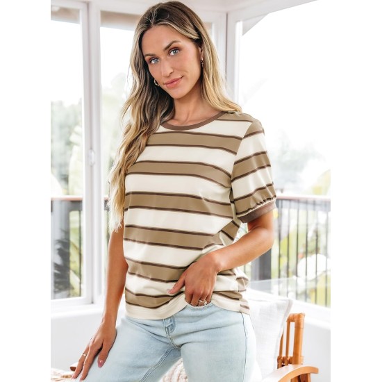 Dokotoo Womens Summer Tops 2026 Striped Color Block Short Sleeve Fashion T-Shirts Crewneck Casual Loose Basic Tee Blouses