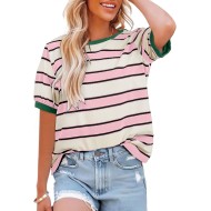 Dokotoo Womens Summer Tops 2026 Striped Color Block Short Sleeve Fashion T-Shirts Crewneck Casual Loose Basic Tee Blouses