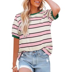 Dokotoo Womens Summer Tops 2026 Striped Color Block Short Sleeve Fashion T-Shirts Crewneck Casual Loose Basic Tee Blouses