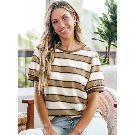 Dokotoo Womens Summer Tops 2026 Striped Color Block Short Sleeve Fashion T-Shirts Crewneck Casual Loose Basic Tee Blouses