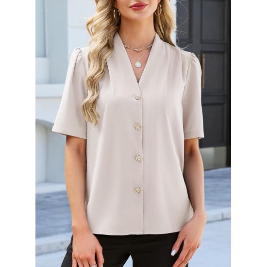 EVALESS Blouses for Women Dressy Casual Summer Short Sleeve Button Down Shirts Business Work Tops