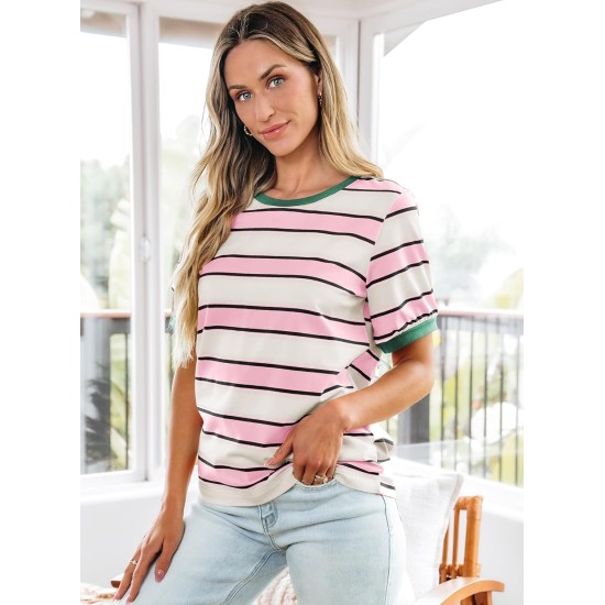 Dokotoo Womens Summer Tops 2026 Striped Color Block Short Sleeve Fashion T-Shirts Crewneck Casual Loose Basic Tee Blouses