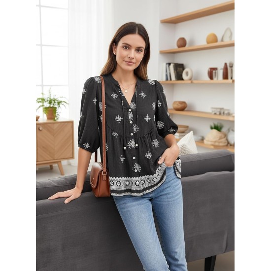 Dokotoo Womens Summer Tops Boho Floral Short Sleeve Button Down V Neck Peplum Babydoll Casual Loose Blouses Shirts