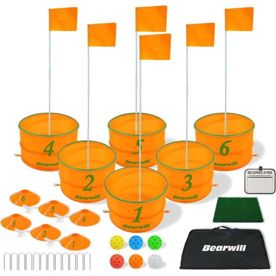 Bearwill Golf Bucket Game for Family, Adults and Kids Portable 6 Hole Golf Course with Balls and Flag, Outdoor Indoor Golf Yard Game for Park, Beach, Lawn, Camping