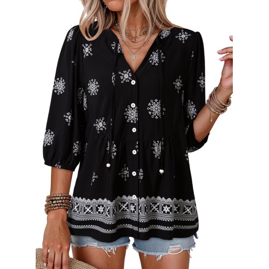 Dokotoo Womens Summer Tops Boho Floral Short Sleeve Button Down V Neck Peplum Babydoll Casual Loose Blouses Shirts