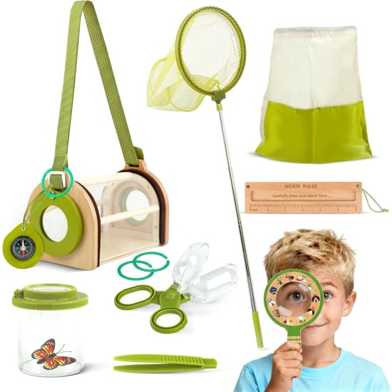 Bug Catcher Kit for Kids, Outdoor Explorer Toy Set with Butterfly Net, Wooden Magnifying Glass & Bug Container &Other Adventure Kit for Backyard Bugs Hunting and Camping Gifts for Boys Girls Age 3-12