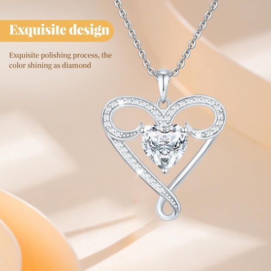 Infinity Necklace for Women, 925 Sterling Silver Heart Necklace with 5A Zircon, White Gold Plated Adjustable Chain, Gift for Valentine's Day, Birthday, Anniversary for Wife, Girlfriend, Mom