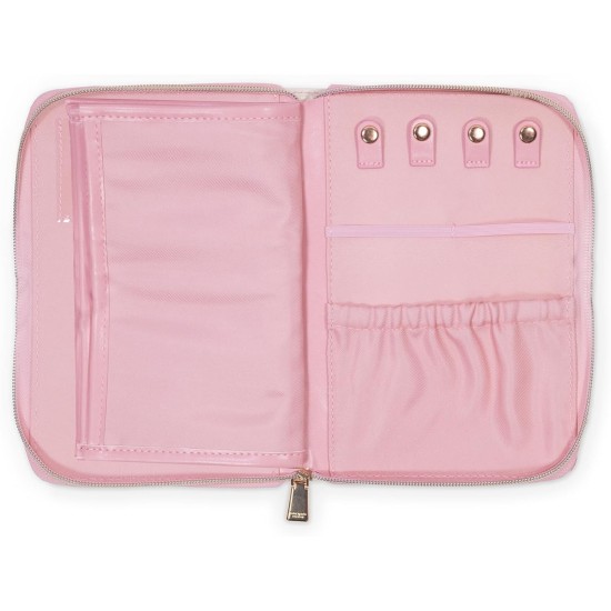 kate spade new york Travel Jewelry Folio, 8.5" x 6" Organizer with 8 Zippered Pockets, Necklace Tabs & Tracker Pocket, Leatherette Case with “For Safe Keeping” Quote (Goddess Stripe)
