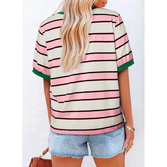 Dokotoo Womens Summer Tops 2026 Striped Color Block Short Sleeve Fashion T-Shirts Crewneck Casual Loose Basic Tee Blouses