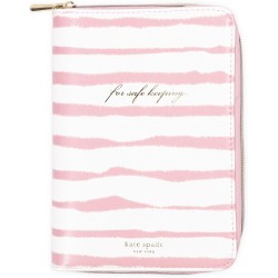 kate spade new york Travel Jewelry Folio, 8.5" x 6" Organizer with 8 Zippered Pockets, Necklace Tabs & Tracker Pocket, Leatherette Case with “For Safe Keeping” Quote (Goddess Stripe)