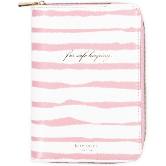kate spade new york Travel Jewelry Folio, 8.5" x 6" Organizer with 8 Zippered Pockets, Necklace Tabs & Tracker Pocket, Leatherette Case with “For Safe Keeping” Quote (Goddess Stripe)