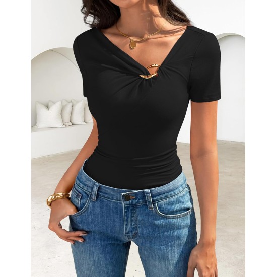 ZESICA Womens Summer Asymmetrical T Shirts 2026 Short Sleeve Ruched Slim Y2K Going Out Tops Dressy Casual Fashion Outfits