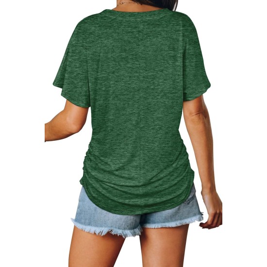 WIHOLL Womens Summer T-Shirts Short Sleeve V Neck Dolman Tops with Side Shirring Loose Fit Shirts Spring Fashion
