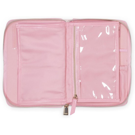 kate spade new york Travel Jewelry Folio, 8.5" x 6" Organizer with 8 Zippered Pockets, Necklace Tabs & Tracker Pocket, Leatherette Case with “For Safe Keeping” Quote (Goddess Stripe)