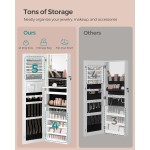 SONGMICS 55 Inches Tall Spacious Jewelry Cabinet, Jewelry Armoire with Light-Up Interior Mirror, Wall or Door Mounted Jewelry Storage Organizer, Lockable, Gift Idea, Cloud White UJJC032W01
