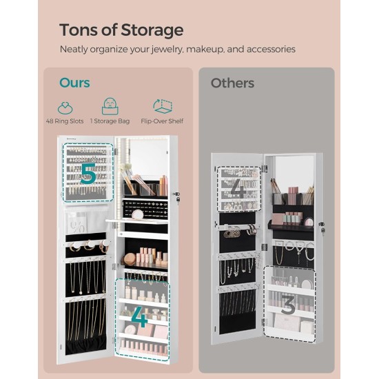SONGMICS 55 Inches Tall Spacious Jewelry Cabinet, Jewelry Armoire with Light-Up Interior Mirror, Wall or Door Mounted Jewelry Storage Organizer, Lockable, Gift Idea, Cloud White UJJC032W01