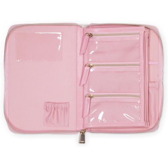 kate spade new york Travel Jewelry Folio, 8.5" x 6" Organizer with 8 Zippered Pockets, Necklace Tabs & Tracker Pocket, Leatherette Case with “For Safe Keeping” Quote (Goddess Stripe)