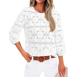 Sampeel Women Blouses Dressy Casual 3/4 Length Sleeve Tops Eyelet Lace Spring Summer Shirts Beach Vacation Clothes