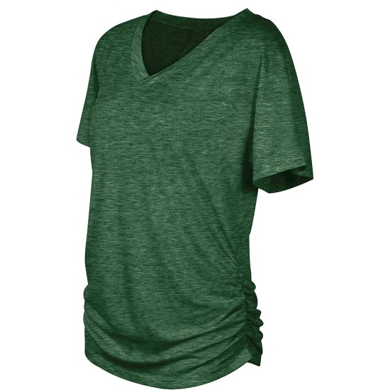 WIHOLL Womens Summer T-Shirts Short Sleeve V Neck Dolman Tops with Side Shirring Loose Fit Shirts Spring Fashion