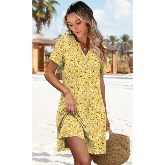 WIHOLL Summer Dresses for Women Casual V Neck Wedding Guest Dress Hawaiian Midi Dress Fashion Beach Vacation Clothes