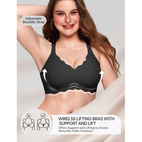 OEAK Women Jelly Bras No Underwire Scalloped Push Up Buttery Soft Tshirt Bra Seamless Full Coverage Convertible Everyday Bra