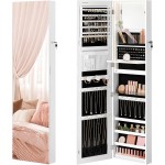 SONGMICS 55 Inches Tall Spacious Jewelry Cabinet, Jewelry Armoire with Light-Up Interior Mirror, Wall or Door Mounted Jewelry Storage Organizer, Lockable, Gift Idea, Cloud White UJJC032W01
