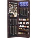 SONGMICS 6 LEDs Mirror Jewelry Cabinet, 47.2-Inch Tall Lockable Wall or Door Mounted Jewelry Armoire Organizer with Mirror, 2 Drawers, 3.9 x 14.6 x 47.2 Inches, Brown UJJC93K