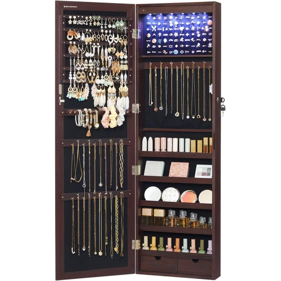 SONGMICS 6 LEDs Mirror Jewelry Cabinet, 47.2-Inch Tall Lockable Wall or Door Mounted Jewelry Armoire Organizer with Mirror, 2 Drawers, 3.9 x 14.6 x 47.2 Inches, Brown UJJC93K