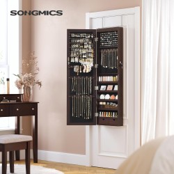 SONGMICS 6 LEDs Mirror Jewelry Cabinet, 47.2-Inch Tall Lockable Wall or Door Mounted Jewelry Armoire Organizer with Mirror, 2 Drawers, 3.9 x 14.6 x 47.2 Inches, Brown UJJC93K