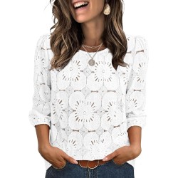 Sampeel Women Blouses Dressy Casual 3/4 Length Sleeve Tops Eyelet Lace Spring Summer Shirts Beach Vacation Clothes