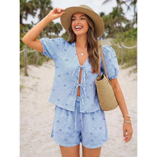 Trendy Queen Short Sets Women 2 Piece Summer Vacation Beach Outfits Going Out Matching Clothes Cute Striped Tie Front Tops