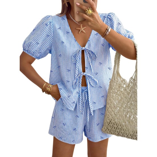 Trendy Queen Short Sets Women 2 Piece Summer Vacation Beach Outfits Going Out Matching Clothes Cute Striped Tie Front Tops