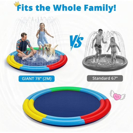 Splash Pad for Kids Toddlers, 78” Non-slip Sprinkler Splash Pad with Dual Sprayers, Large Splash Mat for Kids & Dogs, 360° Spray Outdoor Summer Water Toys for Backyard Lawn, Gifts for Boy Girl Ages 3+